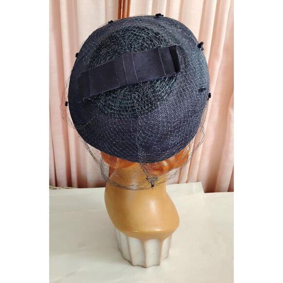 Vintage 1960s Navy Blue Pillbox Hat with Veil, Union Made - Picture 2 of 5